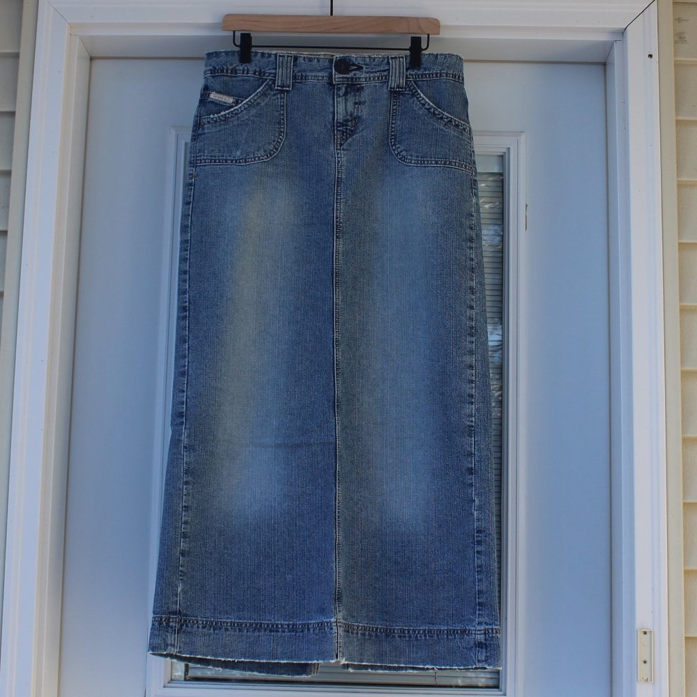 Hydraulic Jeans Distressed Long Denim Skirt